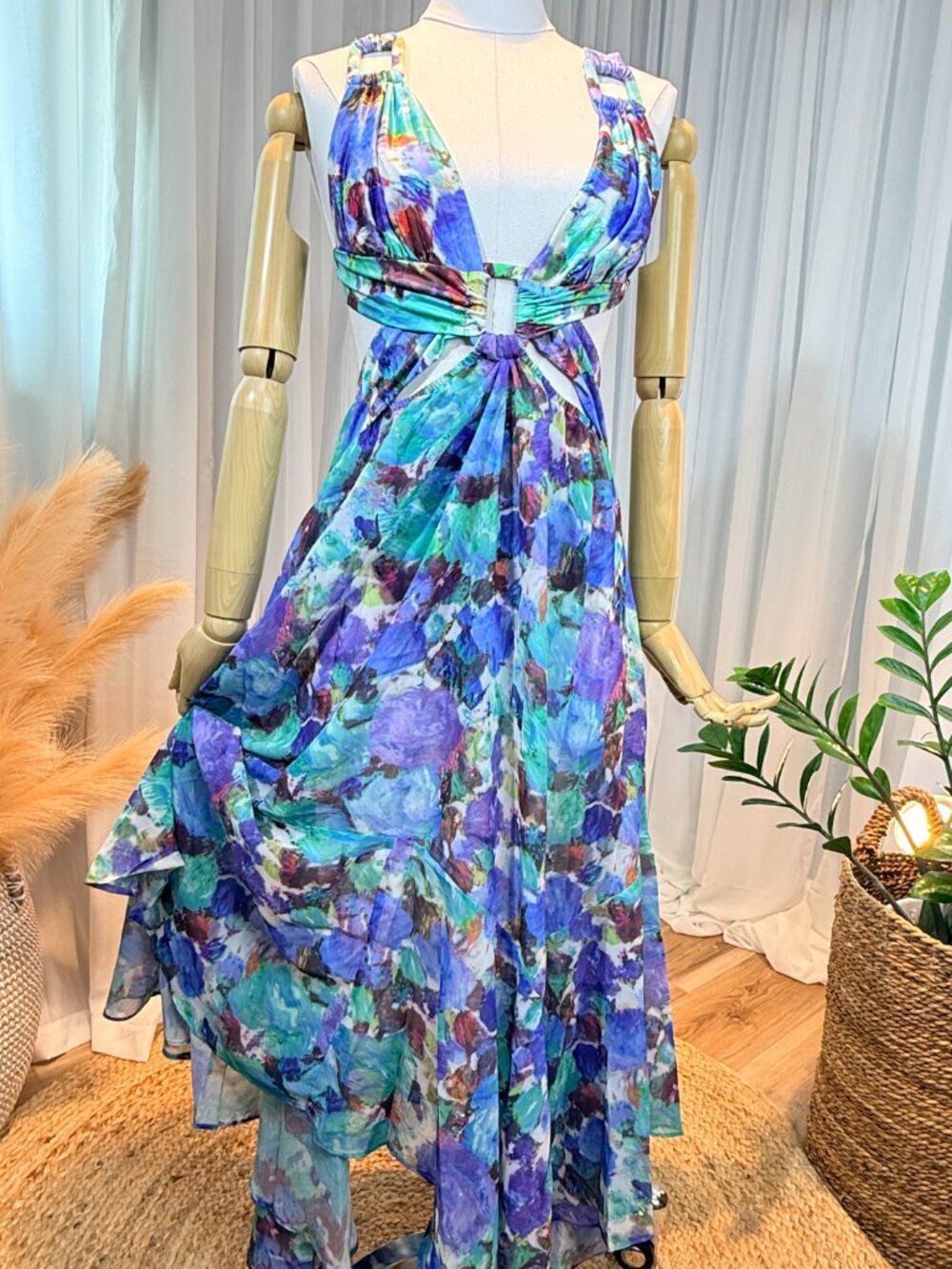 Purple & Teal Cutout Flowy High-Low Dress